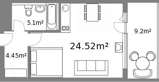 Shows the layout of the flat and size of each room